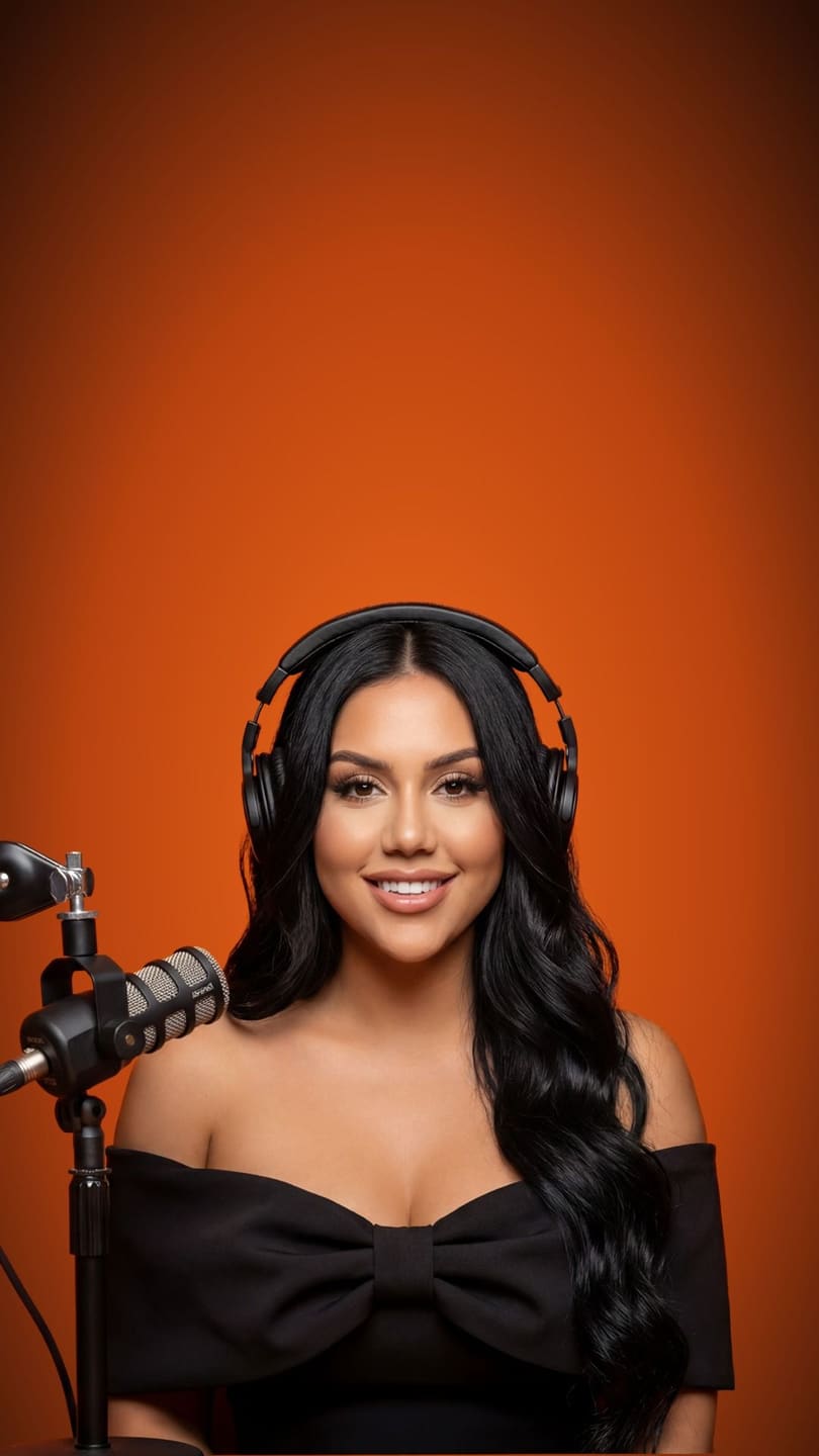 Louisa Sharamatyan in headphones at a podcast microphone